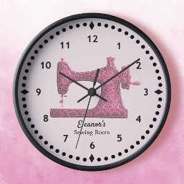 Reloj Redondo Grande Máquina de coser damasquinada rosa