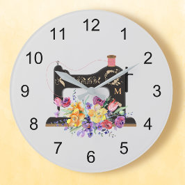 Reloj Redondo Grande Máquina de coser de cosecha de vintage floral Mono