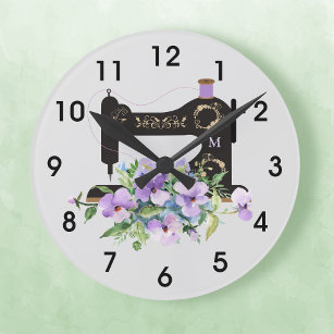 Reloj Redondo Grande Máquina de coser de cosecha morada floral monogram
