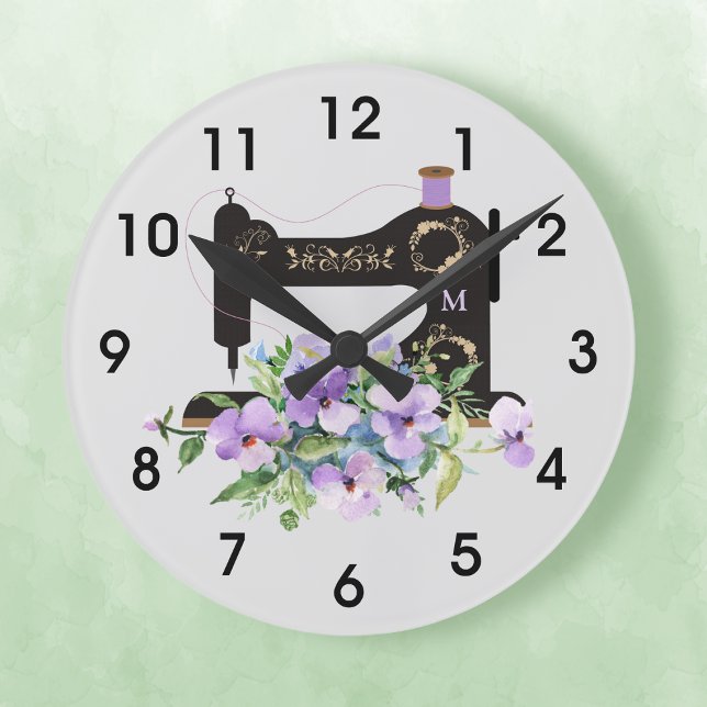 Reloj Redondo Grande Máquina de coser de cosecha morada floral monogram (Subido por el creador)