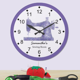 Reloj Redondo Grande Máquina de coser de damasco púrpura