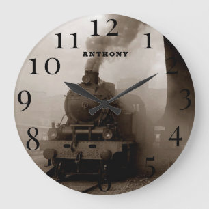 Reloj Redondo Grande Máquina de tren de vapor de locomotora antigua vía