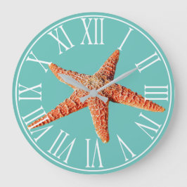 Reloj Redondo Grande Mar Elegante Costero Verde y Starfish Naranja