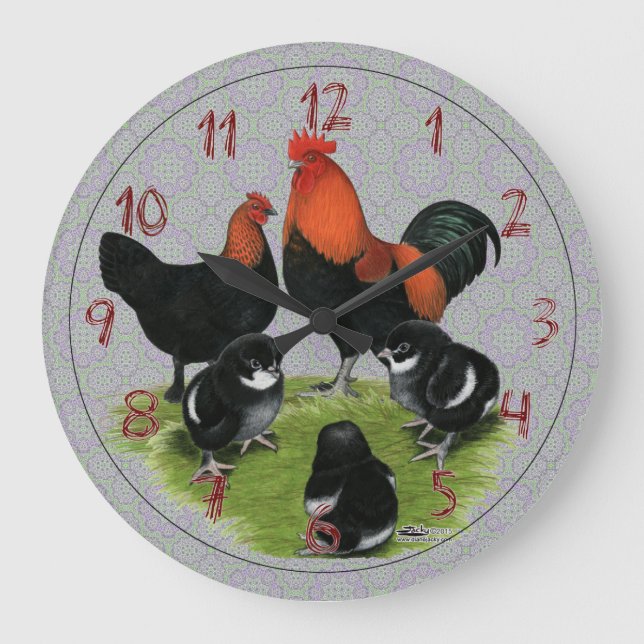 Reloj Redondo Grande Marans Black Copper Chicken Family (Anverso)
