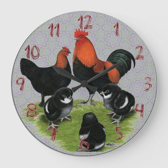 Reloj Redondo Grande Marans Black Copper Chicken Family (Anverso)