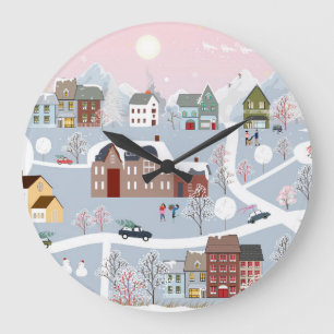 Reloj Redondo Grande Maravilla de invierno festiva: paisaje urbano noct