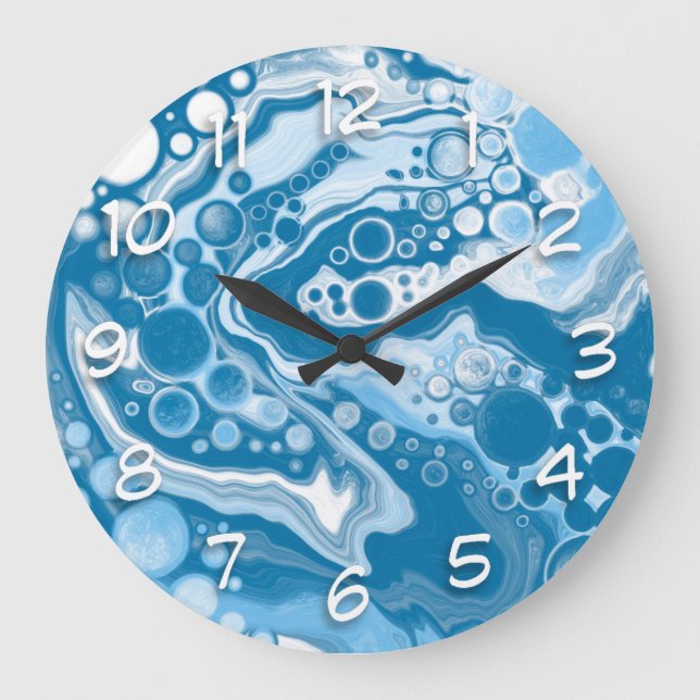 Reloj Redondo Grande Marble azul de arte de fluido digital (Anverso)