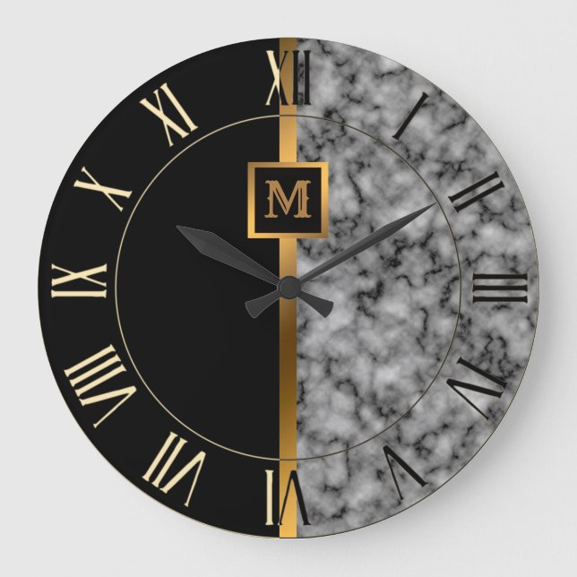 Reloj Redondo Grande Marble de oro negro elegante y elegante (Anverso)