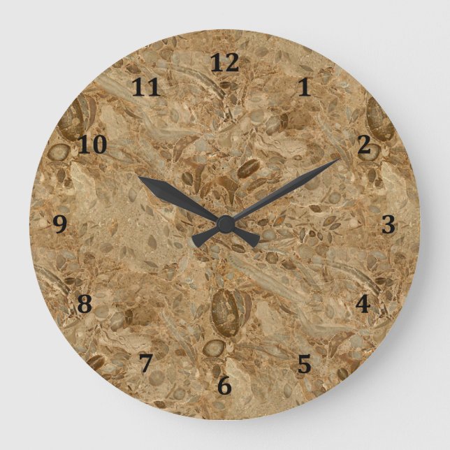 Reloj Redondo Grande Marble marrón de aspecto fósil (Anverso)