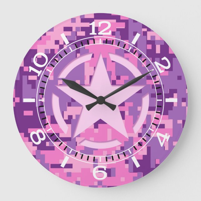 Reloj Redondo Grande Marcado de camuflaje digital Girly Hot Pink (Anverso)