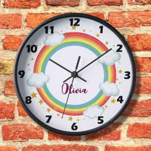 Reloj Redondo Grande Marco de nombre de arcoíris para niñas