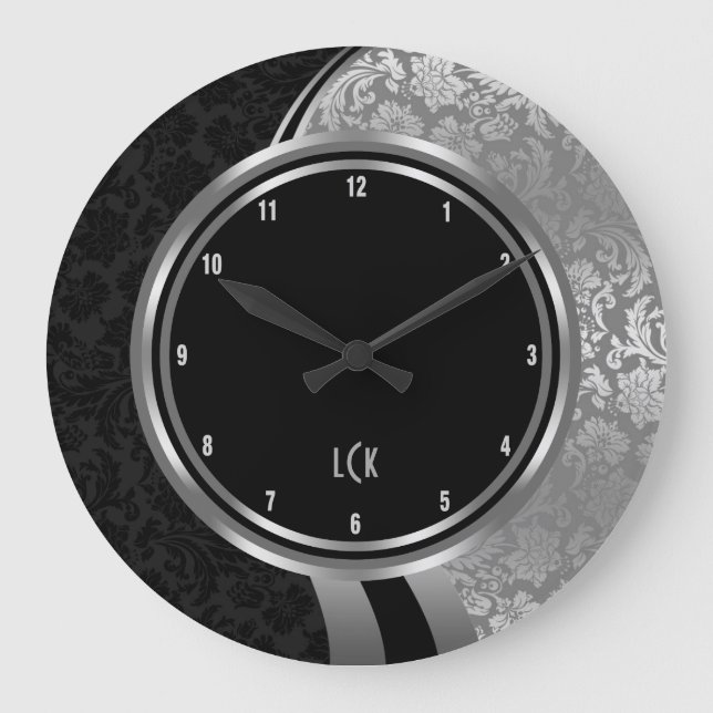 Reloj Redondo Grande Marco de plata elegante de los damascos negros y (Anverso)