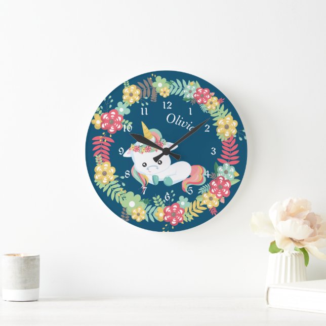 Reloj Redondo Grande Marco floral blanco unicornio personalizado (Hogar)