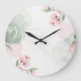 Reloj Redondo Grande Marco floral suave de acuarela en tonos rosa y ver