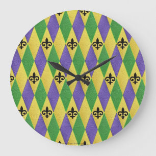 Reloj Redondo Grande Mardi Gras Harlequin Fleur De Lis