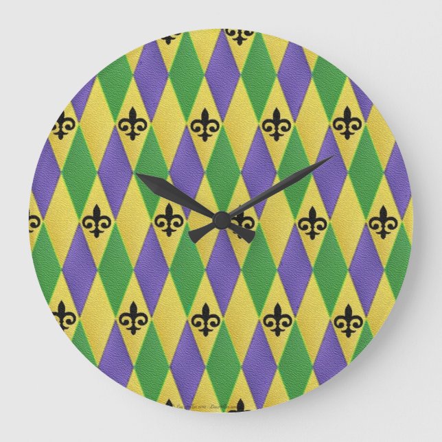 Reloj Redondo Grande Mardi Gras Harlequin Fleur De Lis (Anverso)