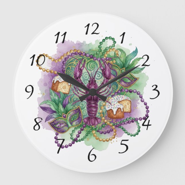Reloj Redondo Grande Mardi Gras Watercolor Celebration  (Anverso)