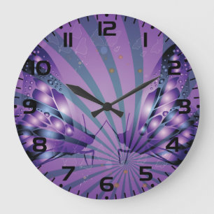 Reloj Redondo Grande Mariposa Abstracta Morada con Alas Radiantes