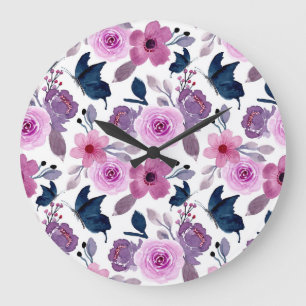Reloj Redondo Grande Mariposa acuarela y flores rosadas