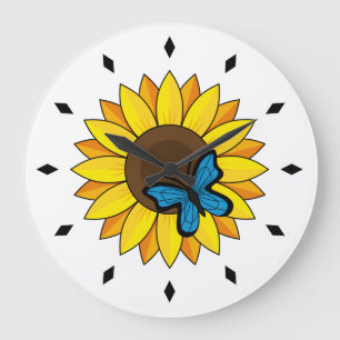 Reloj Redondo Grande Mariposa azul y girasol