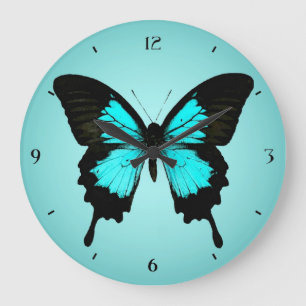 Reloj Redondo Grande Mariposa - azules turquesas y negro