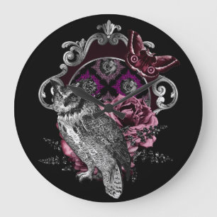 Reloj Redondo Grande Mariposa Búho Oscura y Flores - Gótico