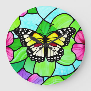 Reloj Redondo Grande Mariposa coloreada de vidrio templado