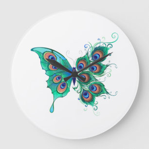 Reloj Redondo Grande Mariposa con plumas de pavo real verde