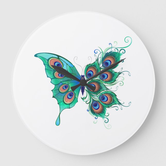 Reloj Redondo Grande Mariposa con plumas de pavo real verde (Anverso)