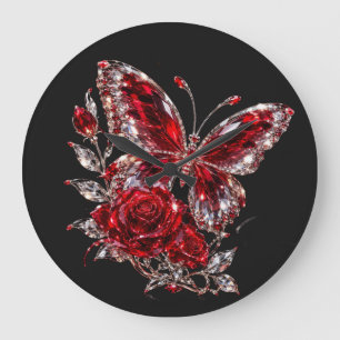 Reloj Redondo Grande Mariposa de cristal de rubí y rosa