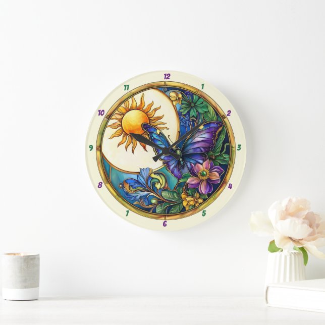Reloj Redondo Grande Mariposa de girasol de vidrio manchado Golden Harv (Hogar)