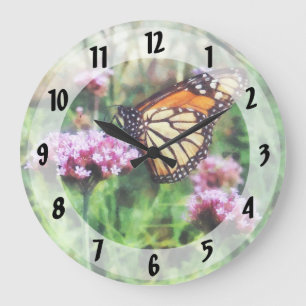 Reloj Redondo Grande Mariposa de monarca en Lantana rosado
