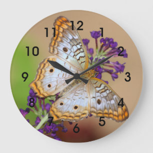 Reloj Redondo Grande Mariposa de pavo real blanca sobre flores moradas