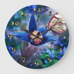 Reloj Redondo Grande Mariposa de primavera en flor azul