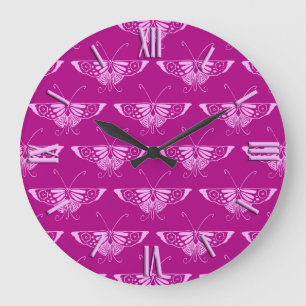 Reloj Redondo Grande Mariposa Deco estilizada - magenta y rosa