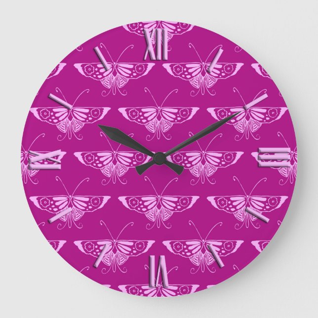Reloj Redondo Grande Mariposa Deco estilizada - magenta y rosa (Anverso)