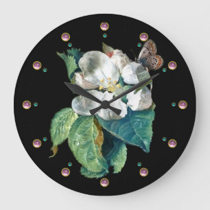 RELOJ REDONDO GRANDE MARIPOSA EN LA FLOR BLANCA FLORAL NEGRA