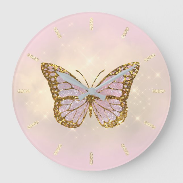 Reloj Redondo Grande mariposa falsa purpurina (Anverso)
