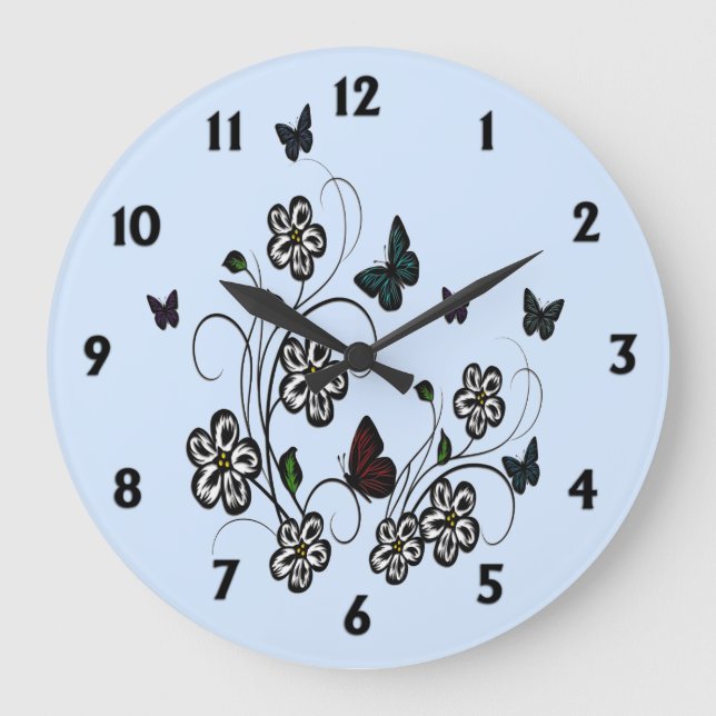 Reloj Redondo Grande Mariposa Jardín Azul con números negros (Anverso)