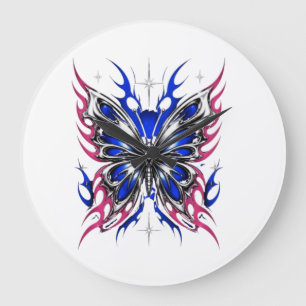 Reloj Redondo Grande Mariposa Metálica Azul Rosa Llama Alas – Gótico