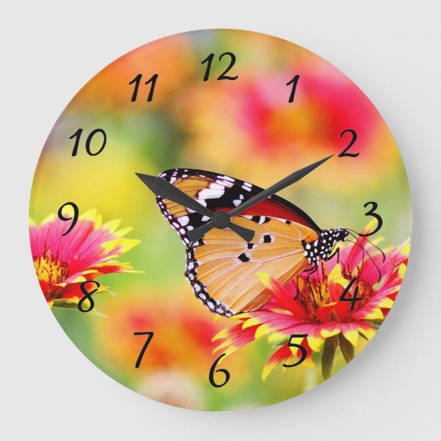 Reloj Redondo Grande Mariposa monarca en flor roja y amarilla (Anverso)
