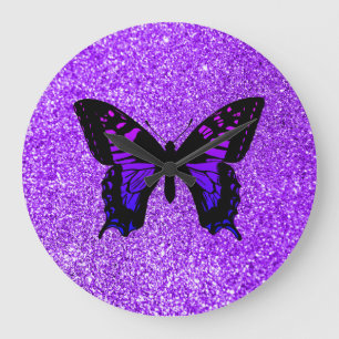 Reloj Redondo Grande Mariposa morada Faux Violet Girly Purpurina