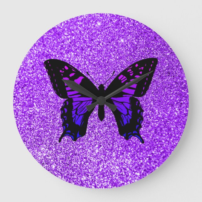 Reloj Redondo Grande Mariposa morada Faux Violet Girly Purpurina (Anverso)