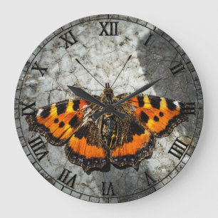 Reloj Redondo Grande Mariposa Naranja de Tortuga Pequeña Arte Grunge