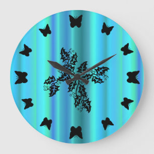Reloj Redondo Grande mariposa negra en arco iris verde azul