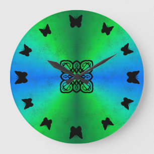 Reloj Redondo Grande mariposa negra en arco iris verde en óptica de cue