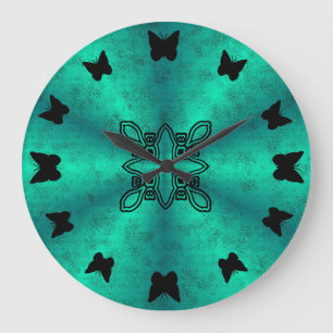 Reloj Redondo Grande mariposa negra en arco iris verde en óptica de cue