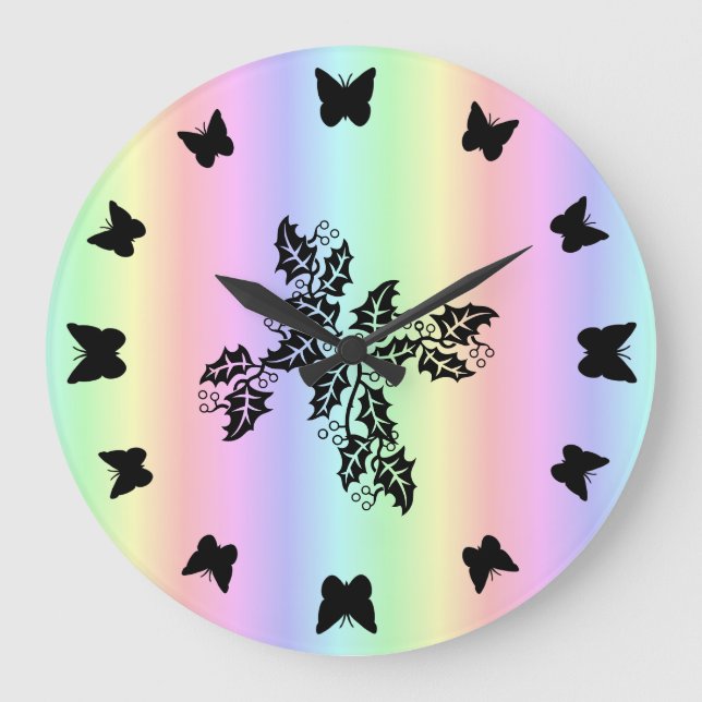 Reloj Redondo Grande mariposa negra en arcoiris (Anverso)