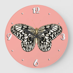 Reloj Redondo Grande Mariposa negra y blanca, fondo rosa de coral