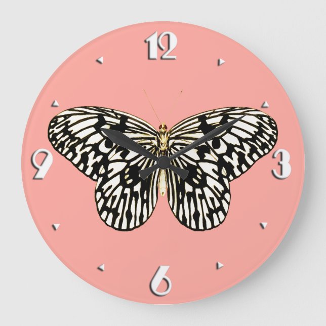 Reloj Redondo Grande Mariposa negra y blanca, fondo rosa de coral (Anverso)